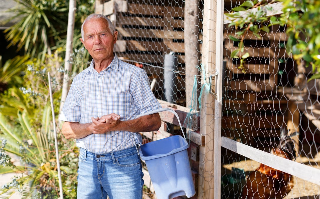 Older man near henhouse